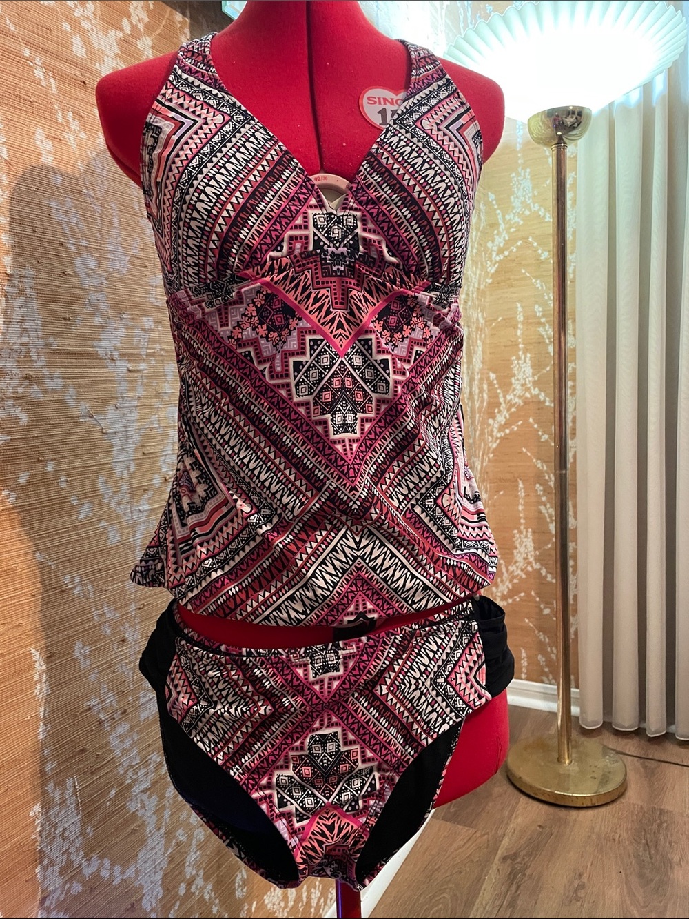 ANTONIO MELANI Pink, Black and White Geometric Tank One-Piece Swim